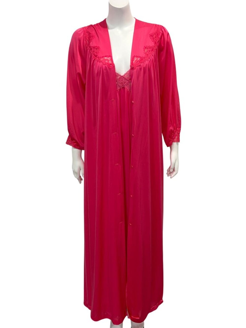 Vintage Shadowline Long Lace Peignoir Set Nightgown and Robe Nylon Pink Size M